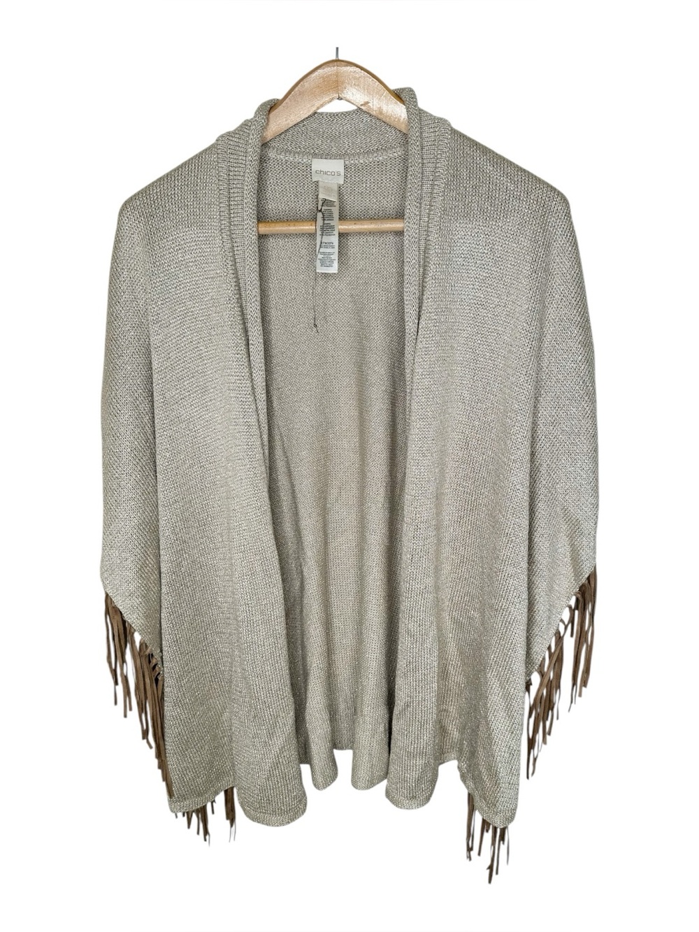 Chico’s Gold Ruana Sweater Wrap Faux Suede Fringe Rolled Neckline One Size